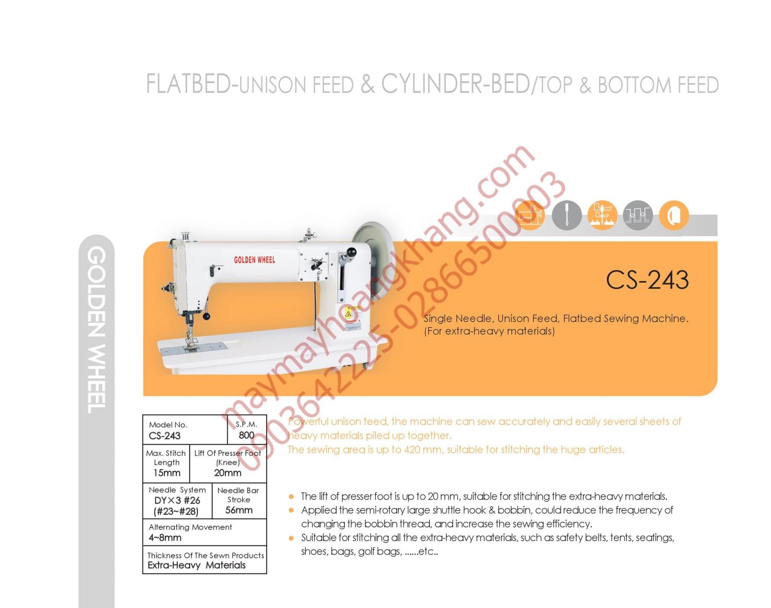 Máy 1 kim đế bằng chân vịt bước đồng bộ may hàng siêu dày Golden Wheel CS-243